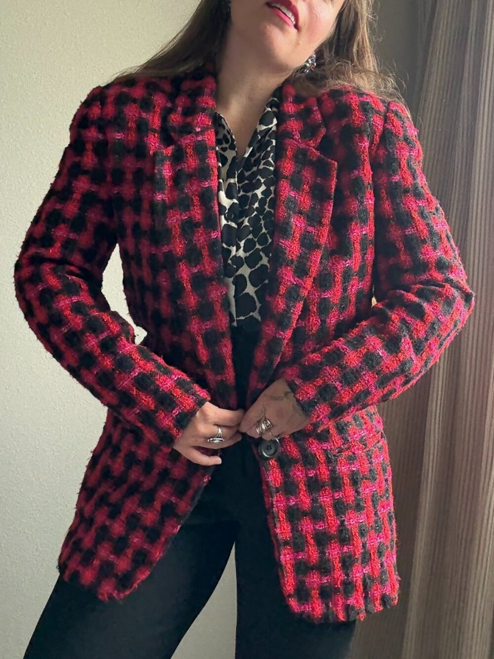 Vintage 80s Nordstrom Plaid Nubby Boucle Chunky Knit One Button Blazer Size S/M